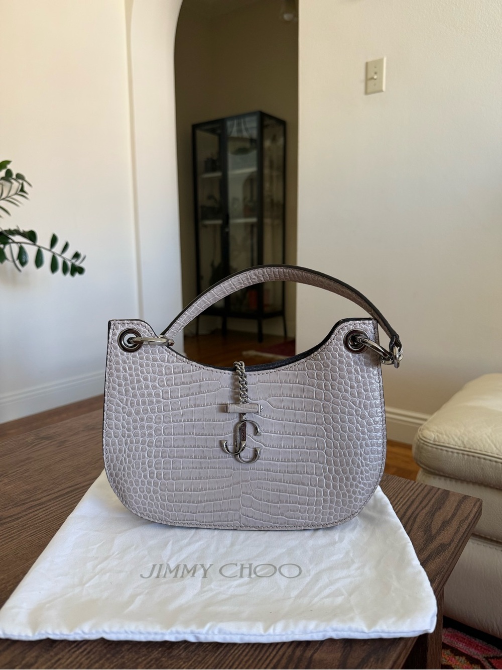 Jimmy Choo Varenne Hobo Beige Croc-Embossed Leather Shoulder Bag